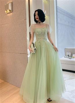 Picture of Light Green Tulle with Lace Short Sleeves Long Party Dresses, A-line Tulle Evening Dresses Prom Dresses